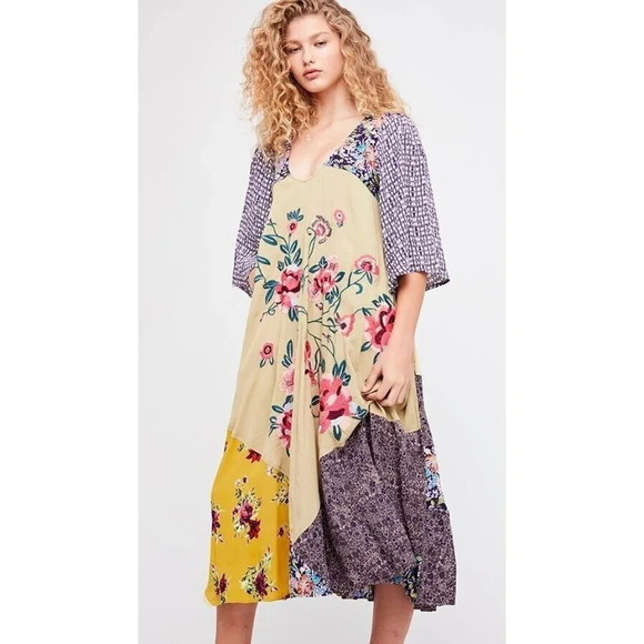 Free People River Market MIDI Dress Patchwork Design BOHO Hippie Size Medium NWT